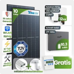 FoxESS 10 kWp PV-Anlage mit 22× Trina 455 Wp Glas-Glas, 10 kWh Speicher & Smart Meter – Notstromfähig