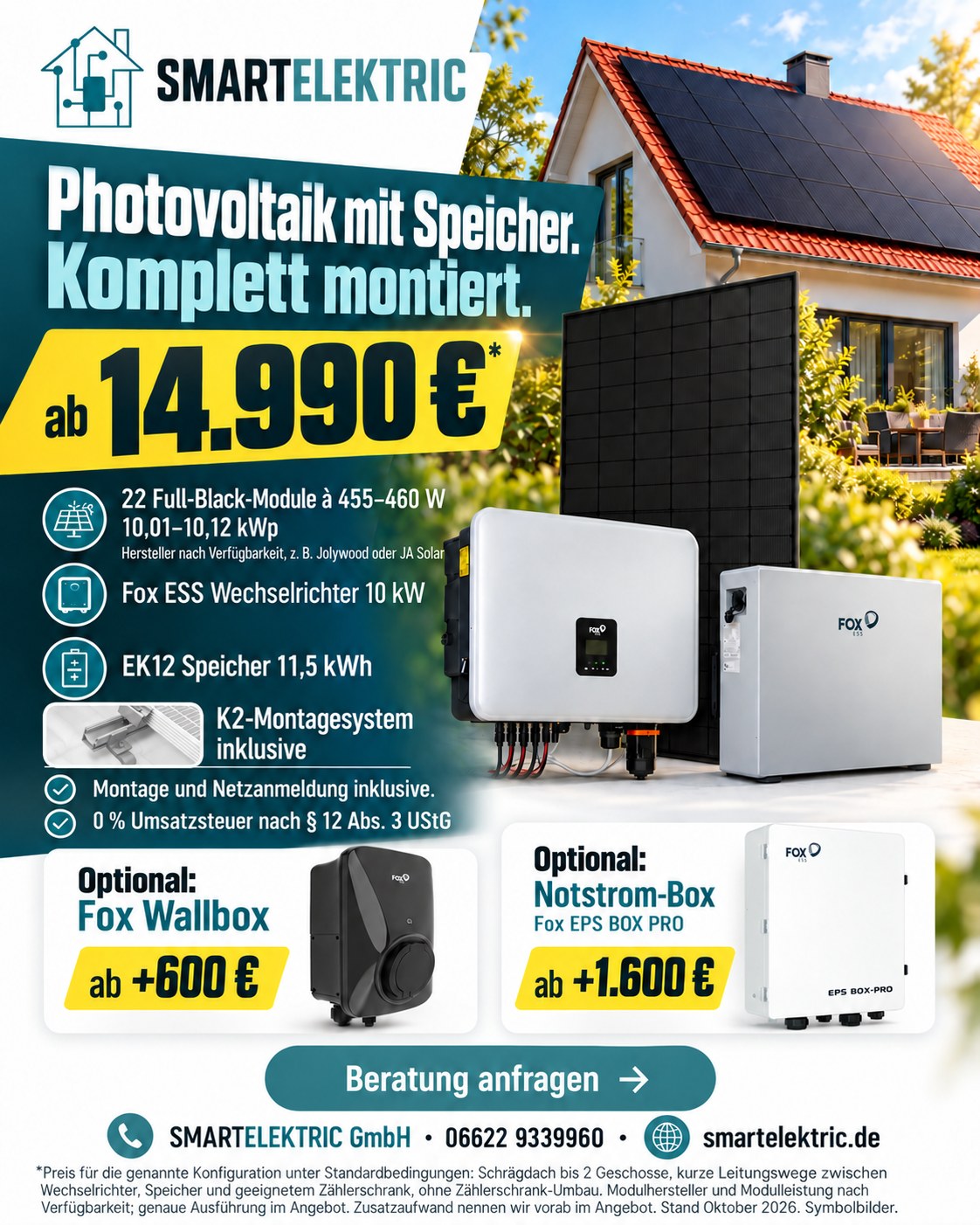 Angebot Photovoltaik mit Fox ESS Speicher ab 14.990 Euro komplett montiert