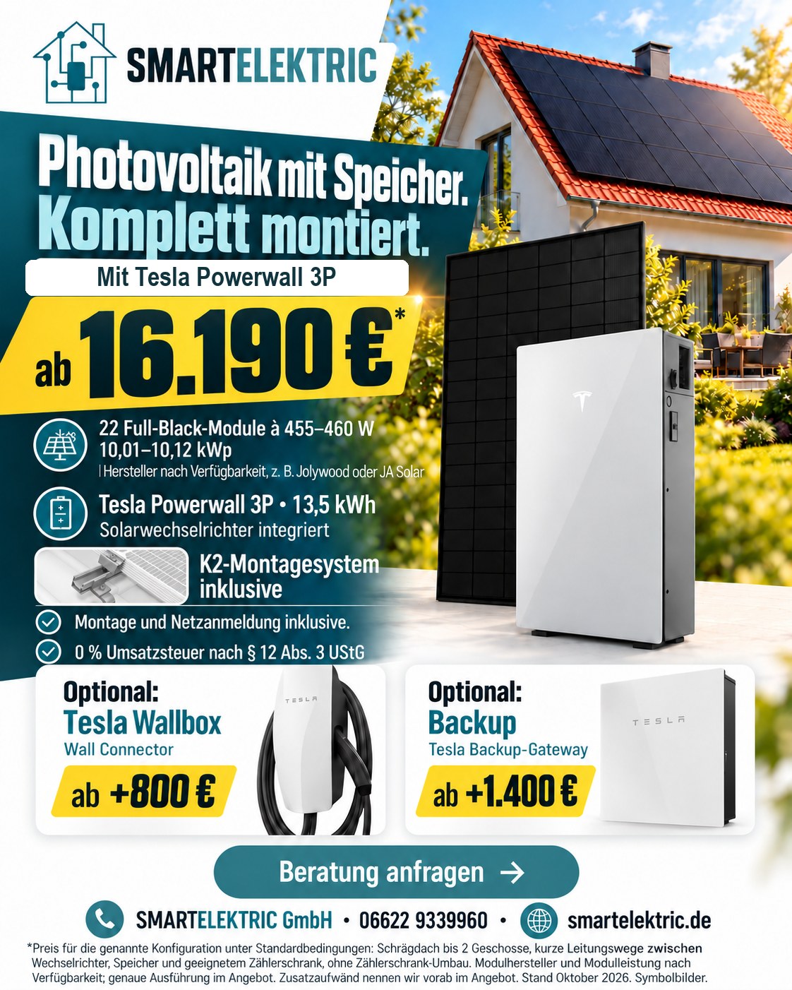 Angebot Photovoltaik mit Tesla Powerwall 3P ab 16.190 Euro komplett montiert